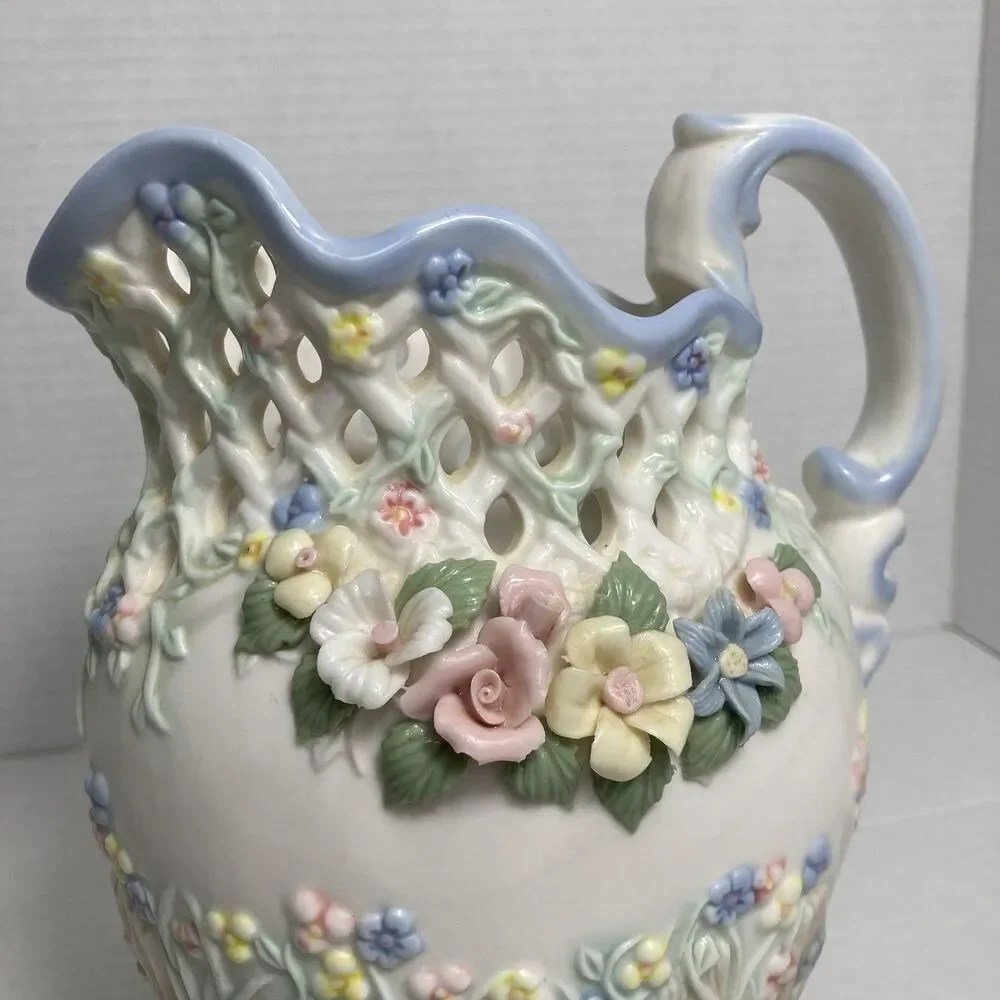 VTG Capodimonte Majolica Style Floral Porcelain Pitcher Spring Centerpiece